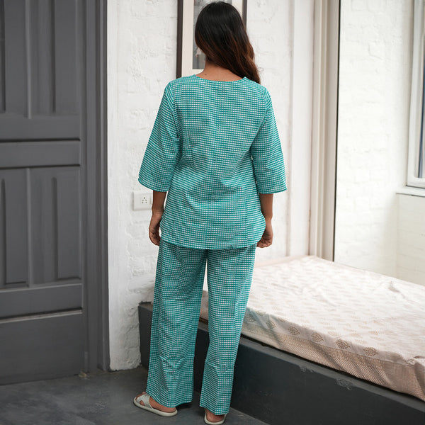 Cotton Lounge Set for Women | Checkered | Teal Blue