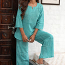 Cotton Lounge Set for Women | Checkered | Teal Blue