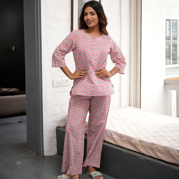 Cotton Lounge Set for Women | Block Print | Pink