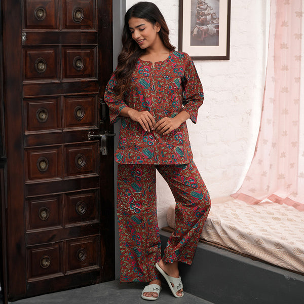 Cotton Night Suit for Women | Forest Block Print | Maroon