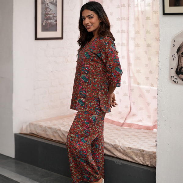 Cotton Night Suit for Women | Forest Block Print | Maroon