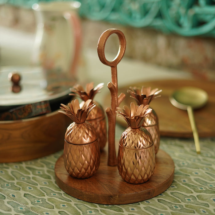 Copper Finish Condiment Set | Pineapple Shape | 4 Pieces.