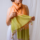 Silk & Cotton Flower Tassel Stole | Green & Beige