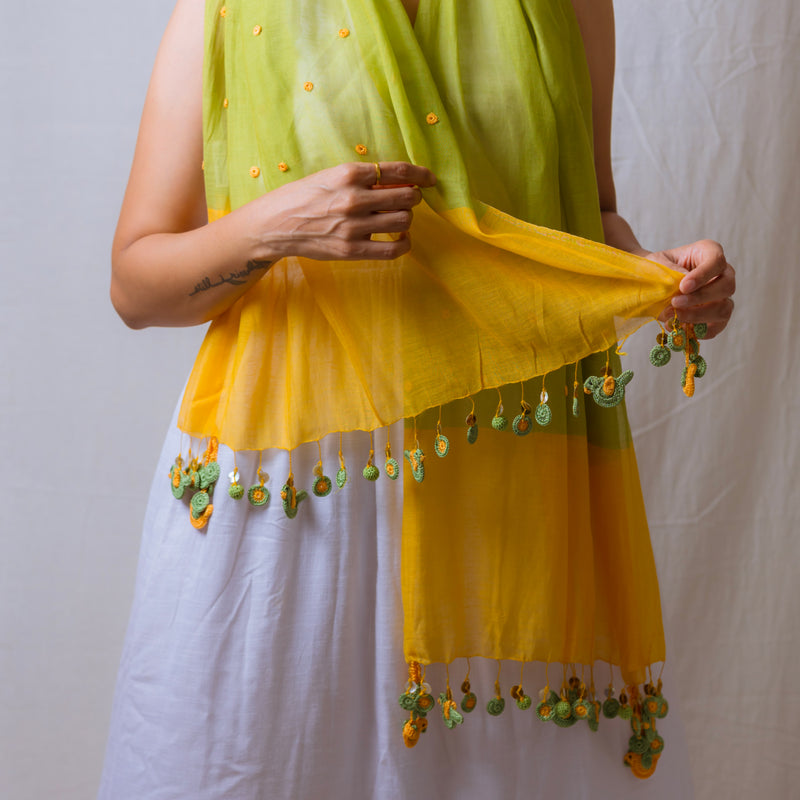 Silk & Cotton Flower Tassel Stole | Green & Yellow