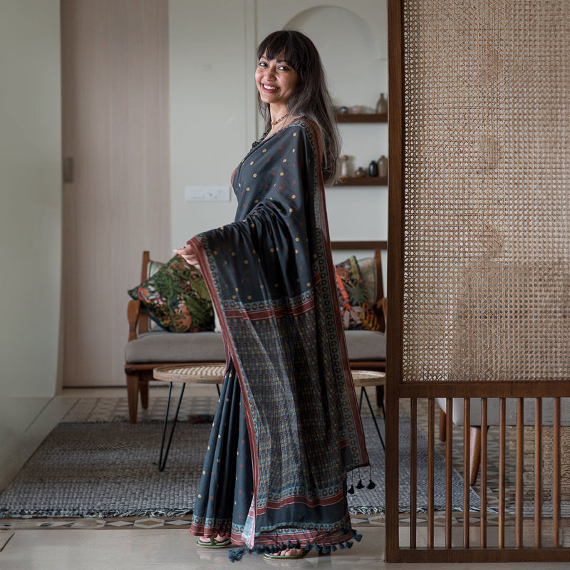 Pure Cotton Printed Saree | Tasseled | Black