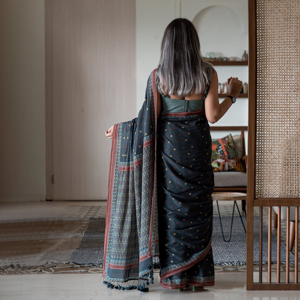 Pure Cotton Printed Saree | Tasseled | Black