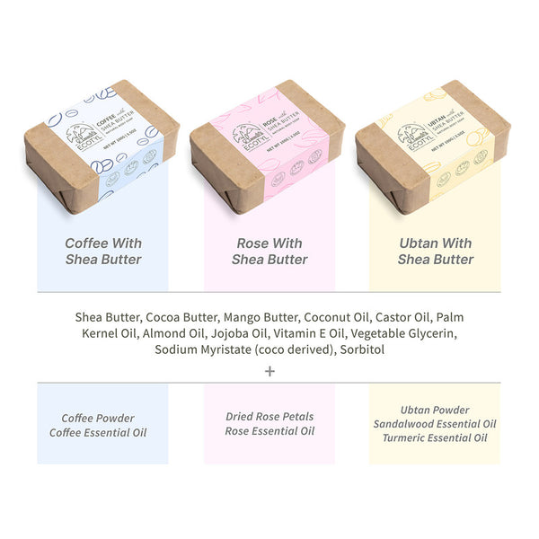 Body Soap | Shea Butter | Ubtan, Rose & Coffee | 100% Natural | Gentle Cleanser | 100 g | Set of 3