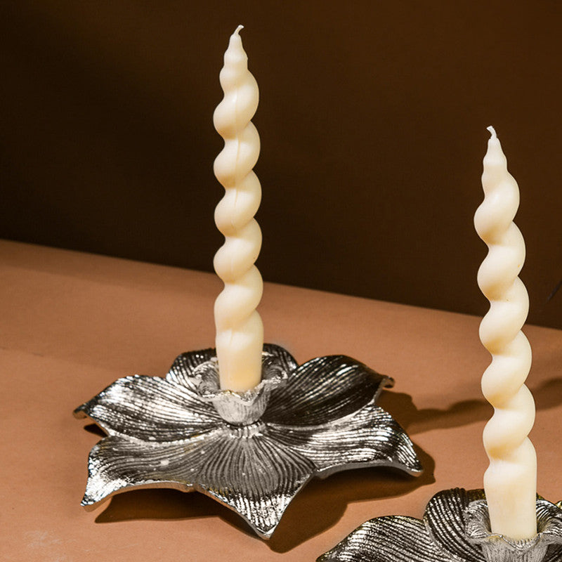 Metal Lotus Candle Stand | Floral Design | Silver