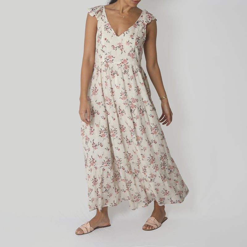 Bemberg Crepe Ruffled Maxi Dress | Pink & White