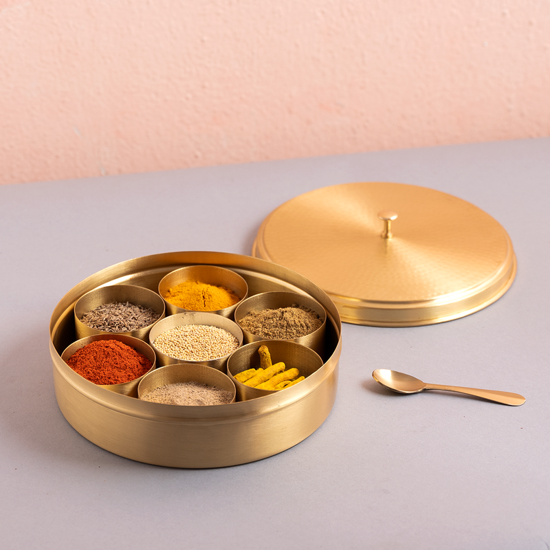 Brass Masala Box | 7 Containers | 8 inches | Hammered Lid