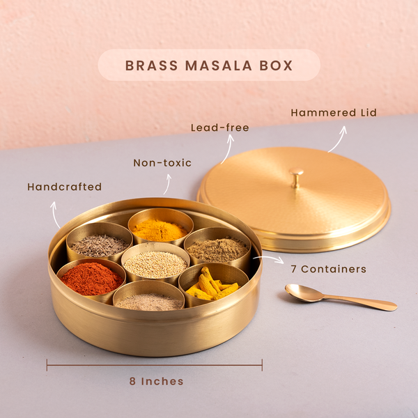 Brass Masala Box | 7 Containers | 8 inches | Hammered Lid