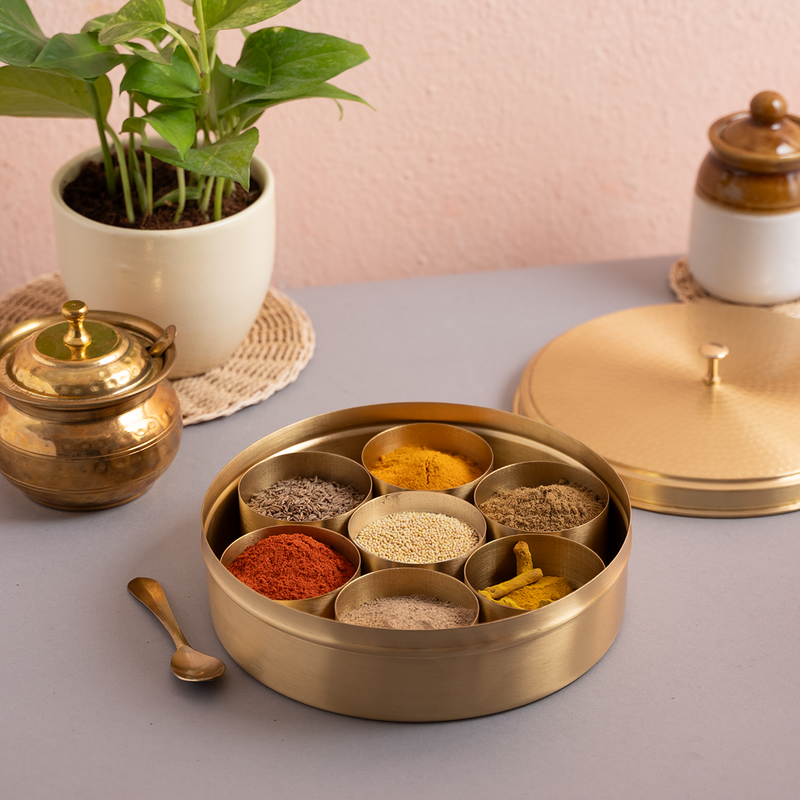 Brass Masala Box | 7 Containers | 8 inches | Hammered Lid