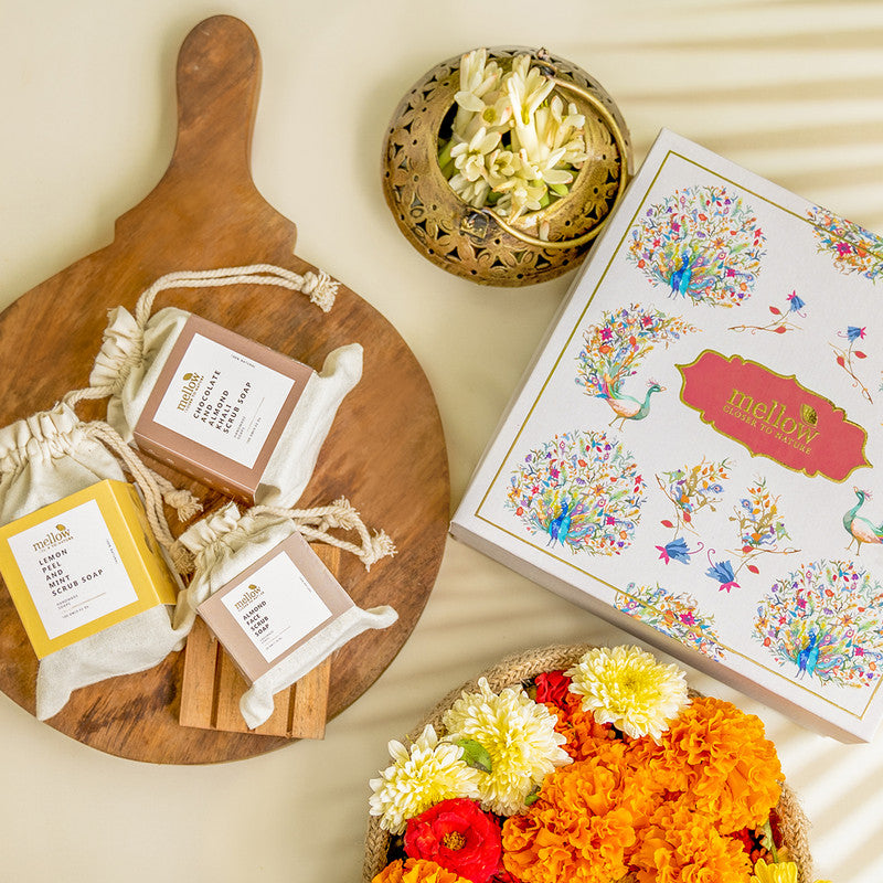 Luxurious Handmade Soap Trio Gift Box | Lemon & Mint Scrub Soap | Chocolate & Almond Soap | Almond Soap | Set of 3