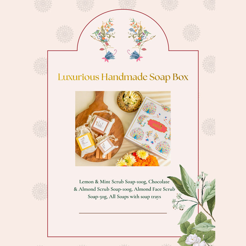 Luxurious Handmade Soap Trio Gift Box | Lemon & Mint Scrub Soap | Chocolate & Almond Soap | Almond Soap | Set of 3