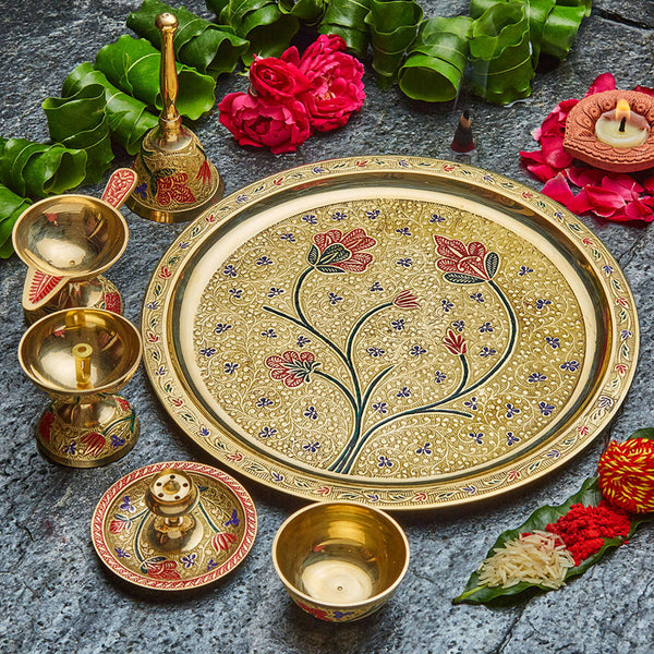 Brass Pooja Thali Set | Gold | Set of 6 | Gold |