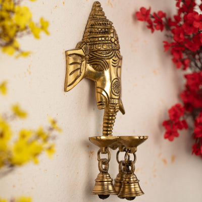 Brass Hanging Diya with Bells | Lord Ganesh Design | Gold | 21 cm