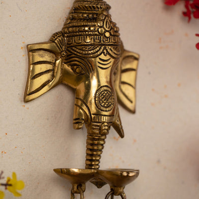 Brass Hanging Diya with Bells | Lord Ganesh Design | Gold | 21 cm