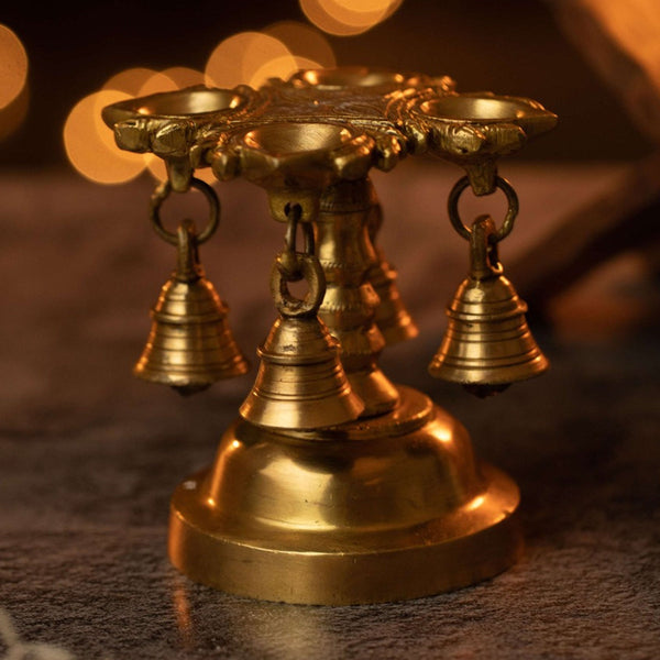 Brass Diya with Bells | Gold | 11 cm