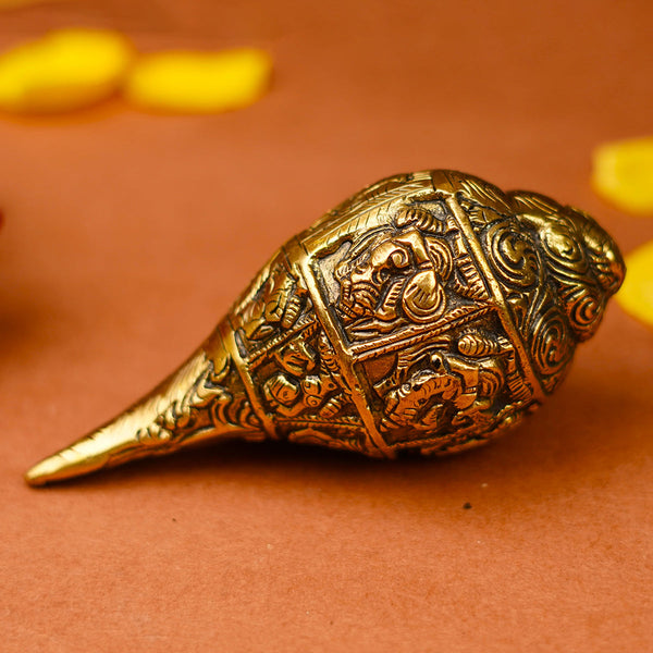 Brass Ganesh Shankh | Carving Design | Gold | 13 cm