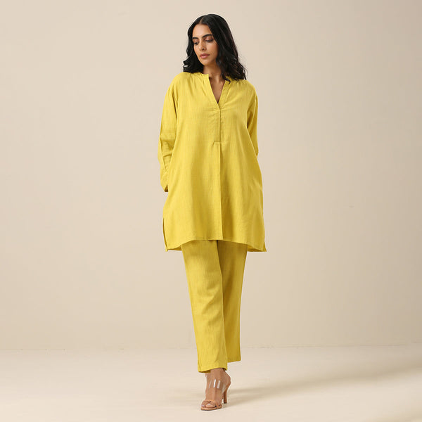 Cotton Slub Co Ord Set for Women | Lime Green | Side Slit