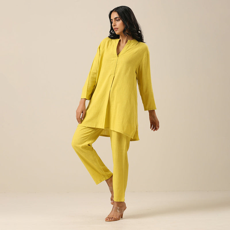 Cotton Slub Co Ord Set for Women | Lime Green | Side Slit