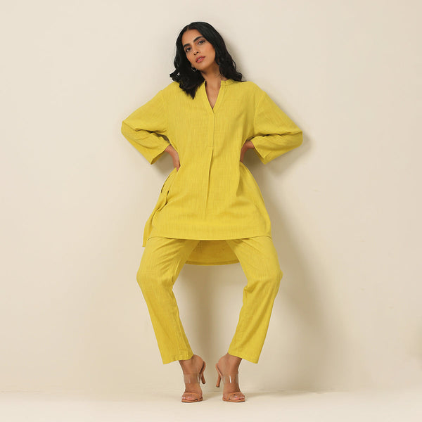 Cotton Slub Co Ord Set for Women | Lime Green | Side Slit