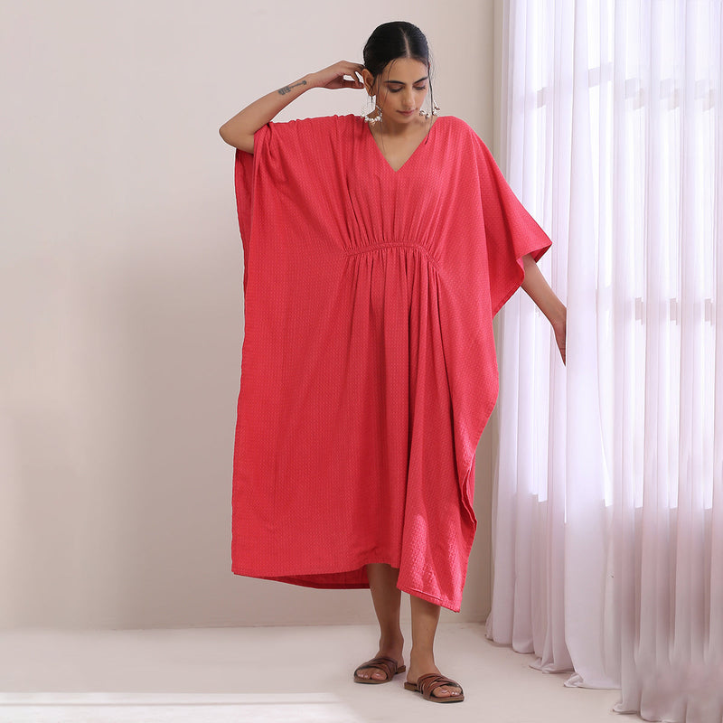 Cotton Dobby Kaftan Dress for Women | Bright Pink