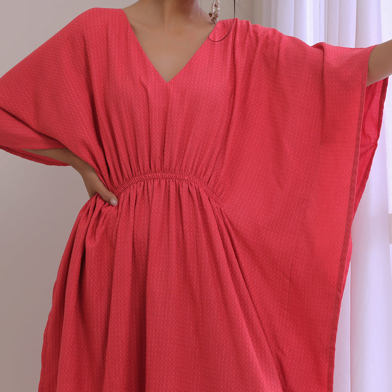 Cotton Dobby Kaftan Dress for Women | Bright Pink