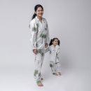 Cotton Pyjama Set For Women | Coconut Tree Print | White & Green