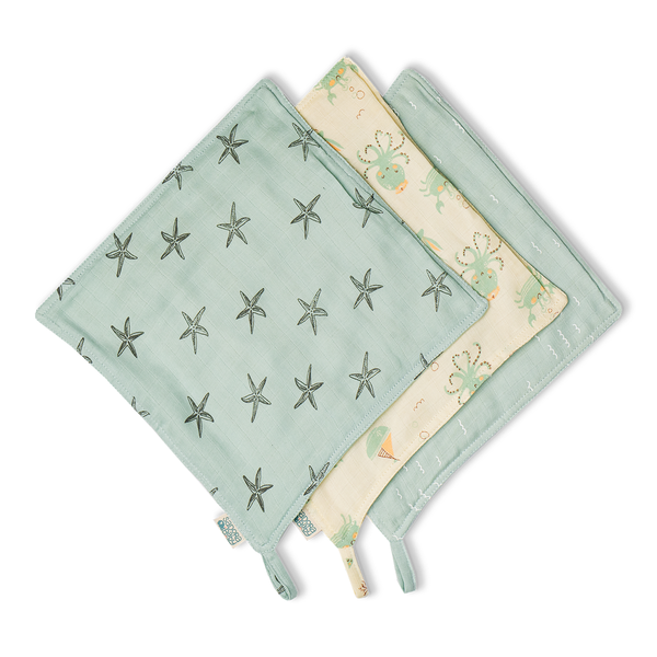 Cotton Baby Washcloths | Starfish, Shell & Undersea Design | Multicolour | Set of 3