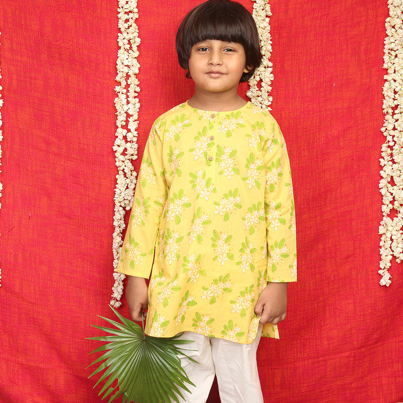 Cotton Kurta for Kids | Frangipani Print | Yellow