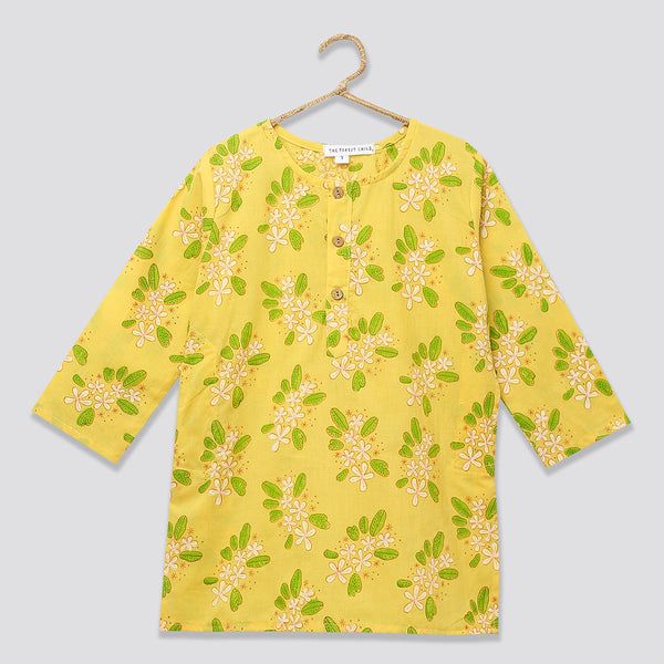 Cotton Kurta for Kids | Frangipani Print | Yellow