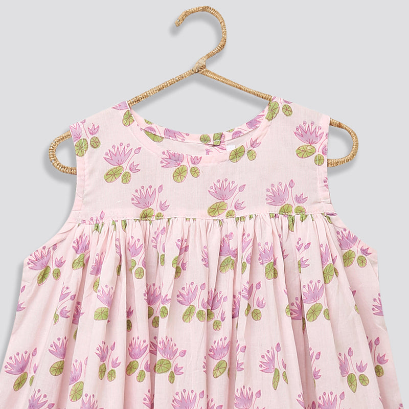 Cotton Dress for Girls | Sleeveless | Lotus Print | Pink