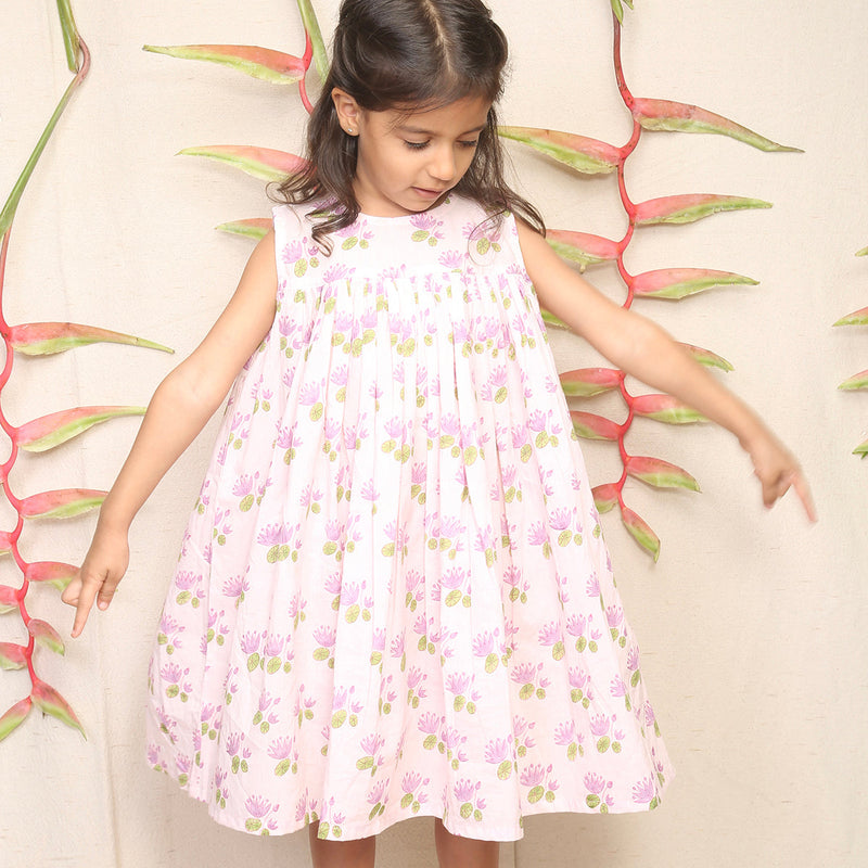 Cotton Dress for Girls | Sleeveless | Lotus Print | Pink