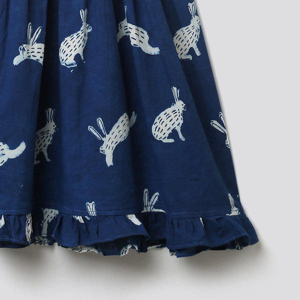Cotton Girls Dress | Hare Print | Indigo