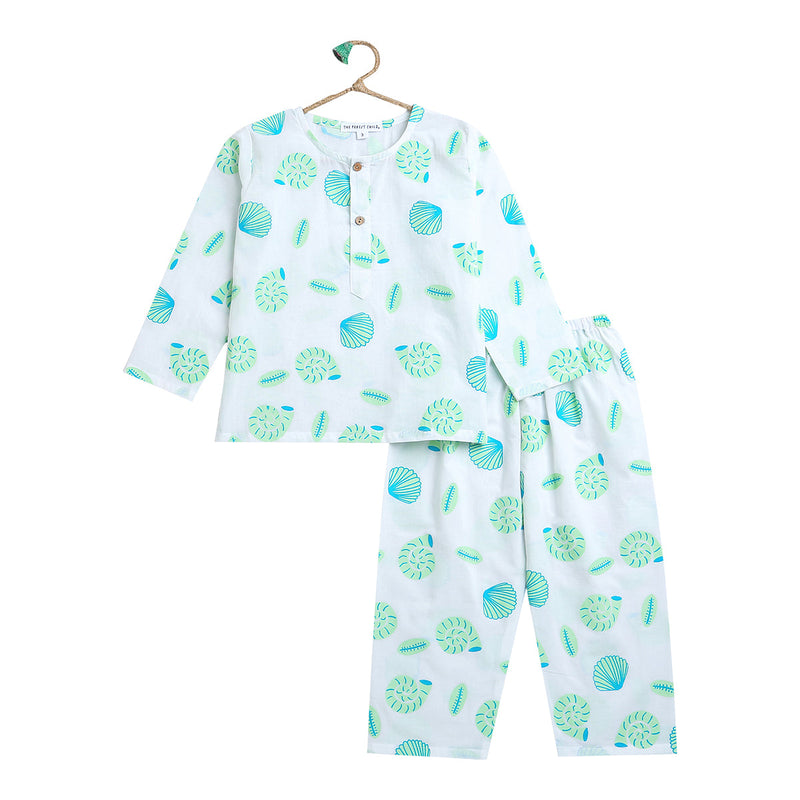 Cotton Night Suit for Kids | Shell Print | Sea Green