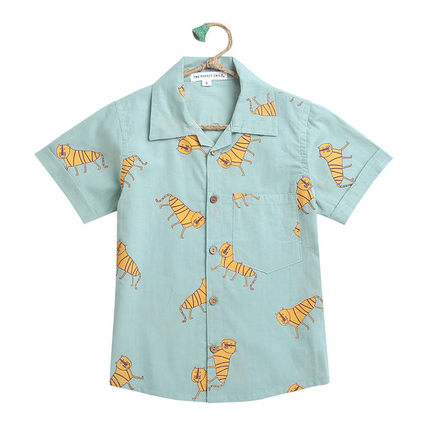 Cotton Shirt for Boys | Tiger Print | Green