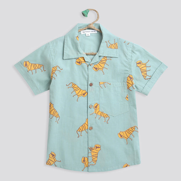 Cotton Shirt for Boys | Tiger Print | Green