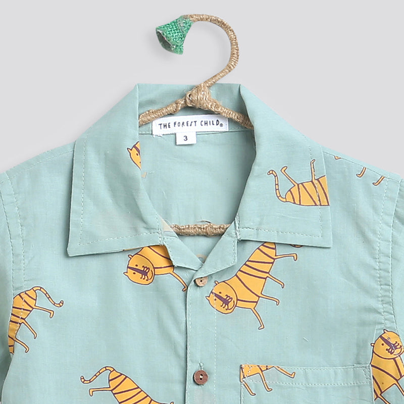 Cotton Shirt for Boys | Tiger Print | Green