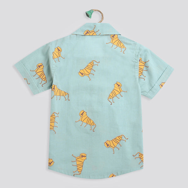 Cotton Shirt for Boys | Tiger Print | Green