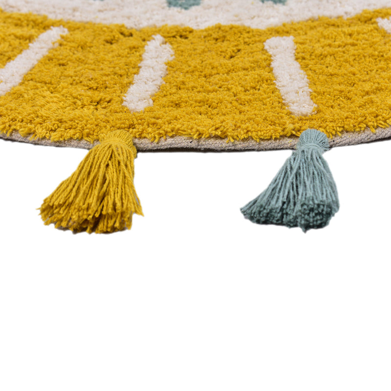 Cotton Round Rug | Hanging Tassels | Yellow