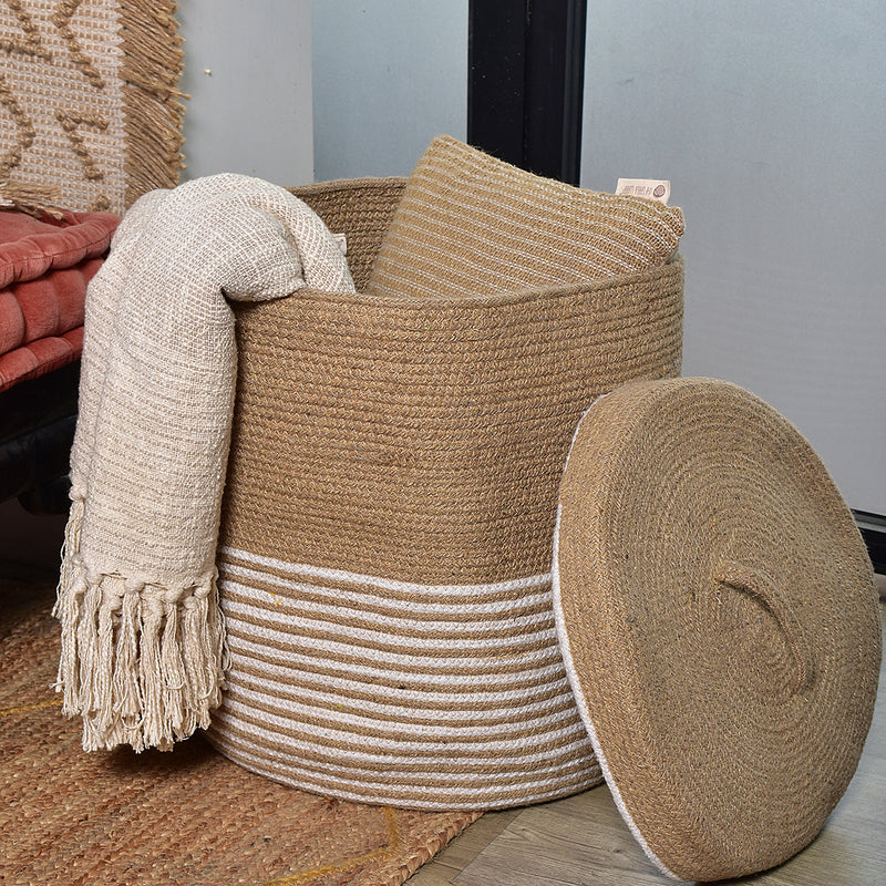 Cotton & Jute Laundry Storage Basket | Striped Design | Beige & White