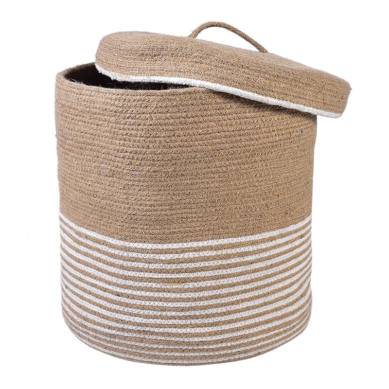 Cotton & Jute Laundry Storage Basket | Striped Design | Beige & White