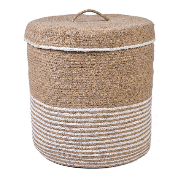 Cotton & Jute Laundry Storage Basket | Striped Design | Beige & White