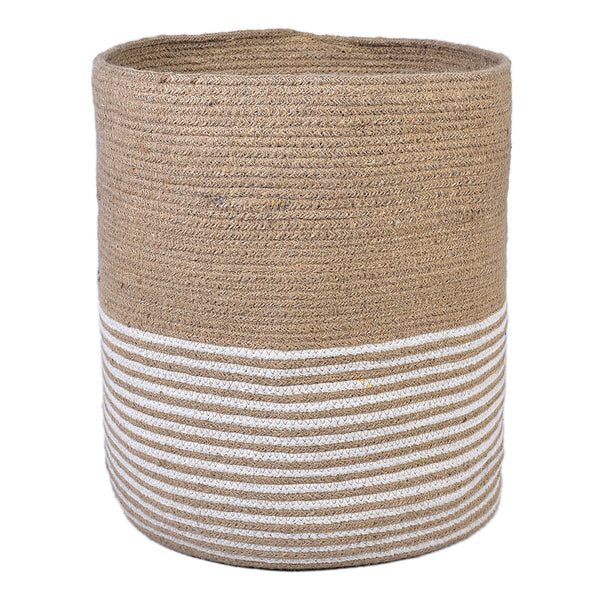 Cotton & Jute Laundry Storage Basket | Striped Design | Beige & White