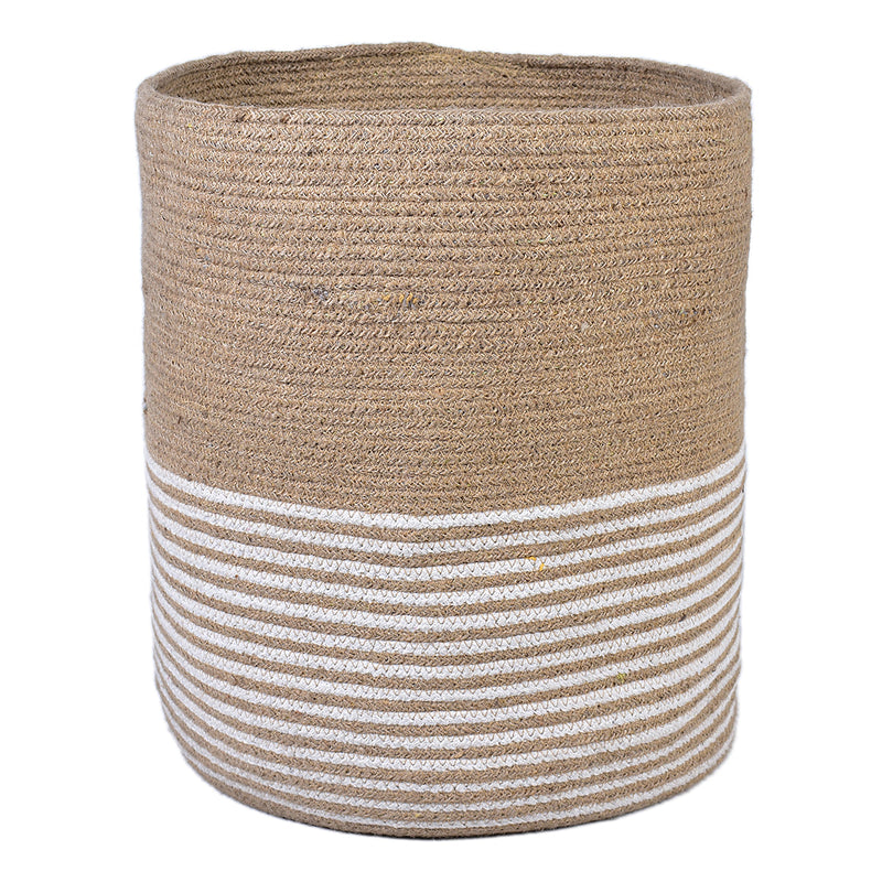 Cotton & Jute Laundry Storage Basket | Striped Design | Beige & White