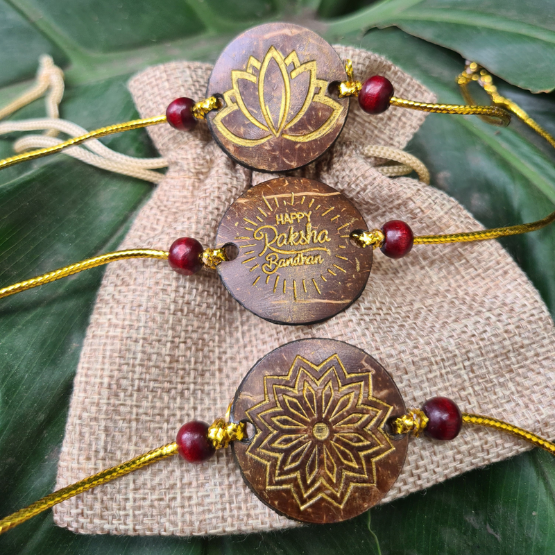 Coconut Shell Rakhi for Brothers | Set of 3 | Brown