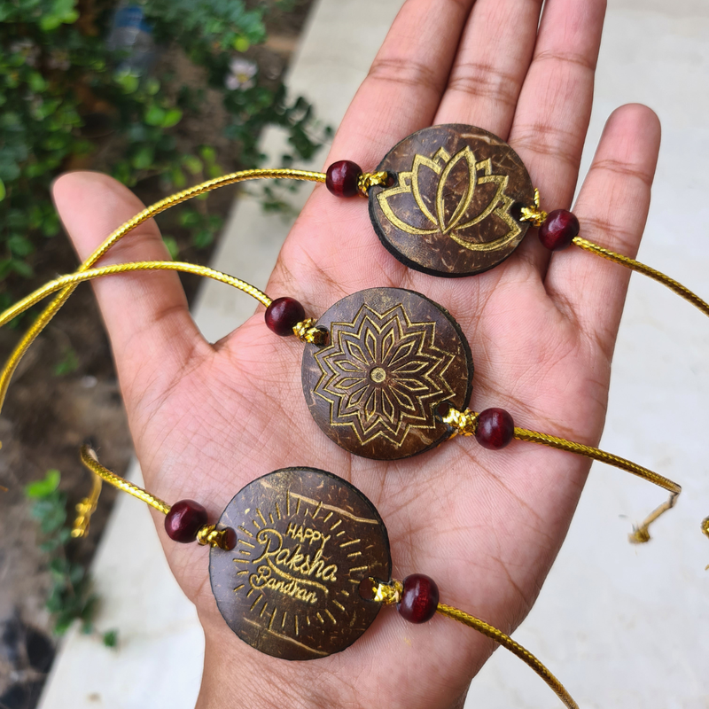 Coconut Shell Rakhi for Brothers | Set of 3 | Brown