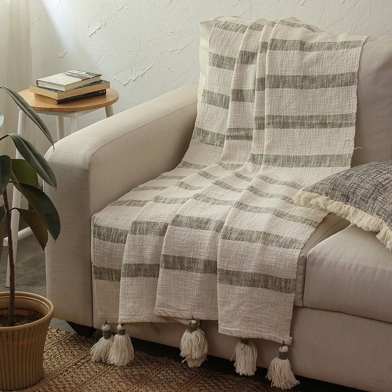 Cotton Sofa Throw | Striped | Green