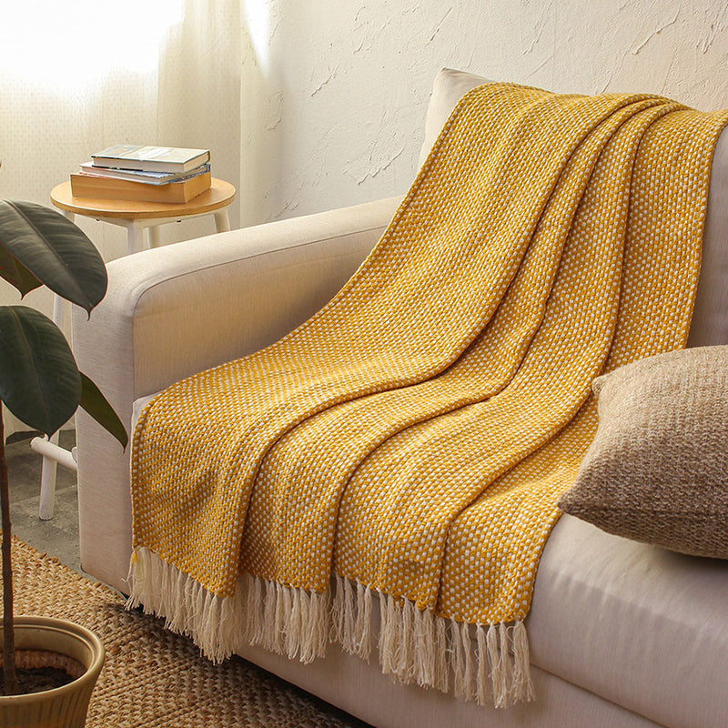 Cotton Sofa Throw Blanket | Woven Design | Yellow